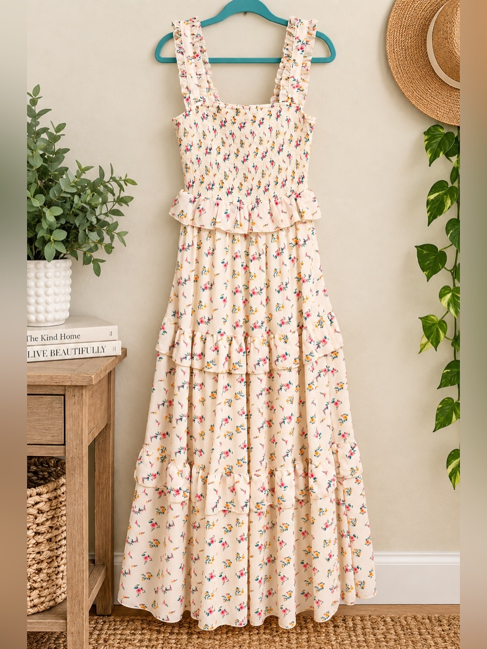 Love, Colette Floral Maxi Dress Smocked Ruffle Strap Tiered Boho S